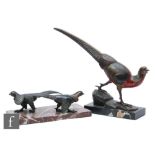 A 20th Century French spelter figure after Irenee Rochard, modelled as a stylised pheasant on a