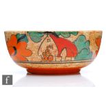 A Clarice Cliff Holborn shape fruit bowl circa 1932, hand painted in the Red Roofs Cafe au Lait