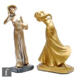 Two 1930s patinated plaster figures by Leonardi (Leonardene Co), each modelled as an elegant lady in