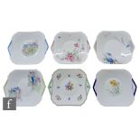 Six 1930s Art Deco Shelley Mode shape cake plates patterns comprising Silver Sage, Primula,