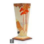 A Clarice Cliff Coral Firs pattern shape 656 vase of footed square section circa 1933, hand