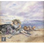 MARJORY JOWETT (CONTEMPORARY) - 'At the Seaside', enamel on ceramic tile, signed, framed, 14cm x