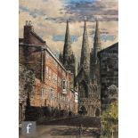 FREDERICK WILLIAM BOOTY (1840-1924) - A busy street scene with York Minster beyond, watercolour,