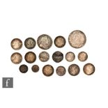 Various George to Victoria coinage including a shilling 1723, a florin, sixpences, threepences and