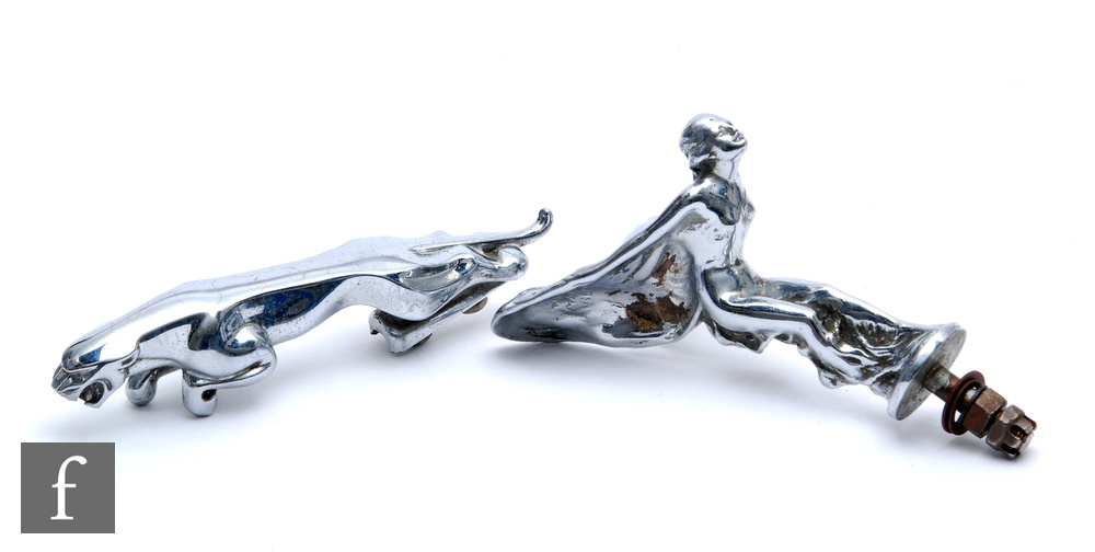 A Rolls Royce Spirit of Ecstasy chrome car mascot, stamped trade mark reg, height 14cm, and a Jaguar