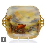 A Royal Worcester square dish decorated by J Stinton with hand painted Highland cattle in a