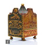 An early 19th Century lead tobacco box, the square section body relief molded with organ pipes and