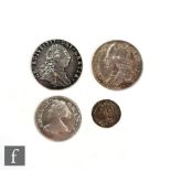 Four Anne to George III coins to include a four pence 1704, a sixpence 1746, a Maundy penny and a