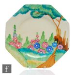 An Octagonal Clarice Cliff plate circa 1935, hand painted in the Sandon pattern with a stylised tree
