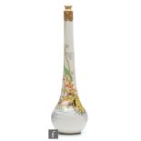 A Japanese Satsuma Meiji Period (1868-1912) bottle vase, the tall slender bottle with creamy crackle