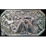 A 20th Century Art Deco Silvered Plaque after Marcel Bouraine, depicting a female nude sat
