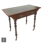 A late Victorian mahogany writing table, the moulded edge green leather inset tooled top over a long