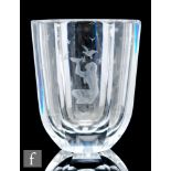 A 1930s Art Deco clear crystal vase of hexagonal form with heavy cased wall, engraved with a