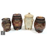 Three 19th Century spirit barrels named brandy, gin and whisky, applied decoration, restorations