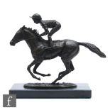 A 20th Century bronze study of a jockey on horseback, 'Champion Finish' by David Cornell, on oval