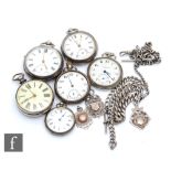Six hallmarked silver open faced pocket watches to include a verge example, a continental silver and