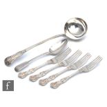 Six items of hallmarked silver flatware to include a soup ladle, a table spoon and four dinner