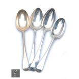 Four hallmarked silver Georgian and later old English pattern table spoons, total weight 8.2oz,