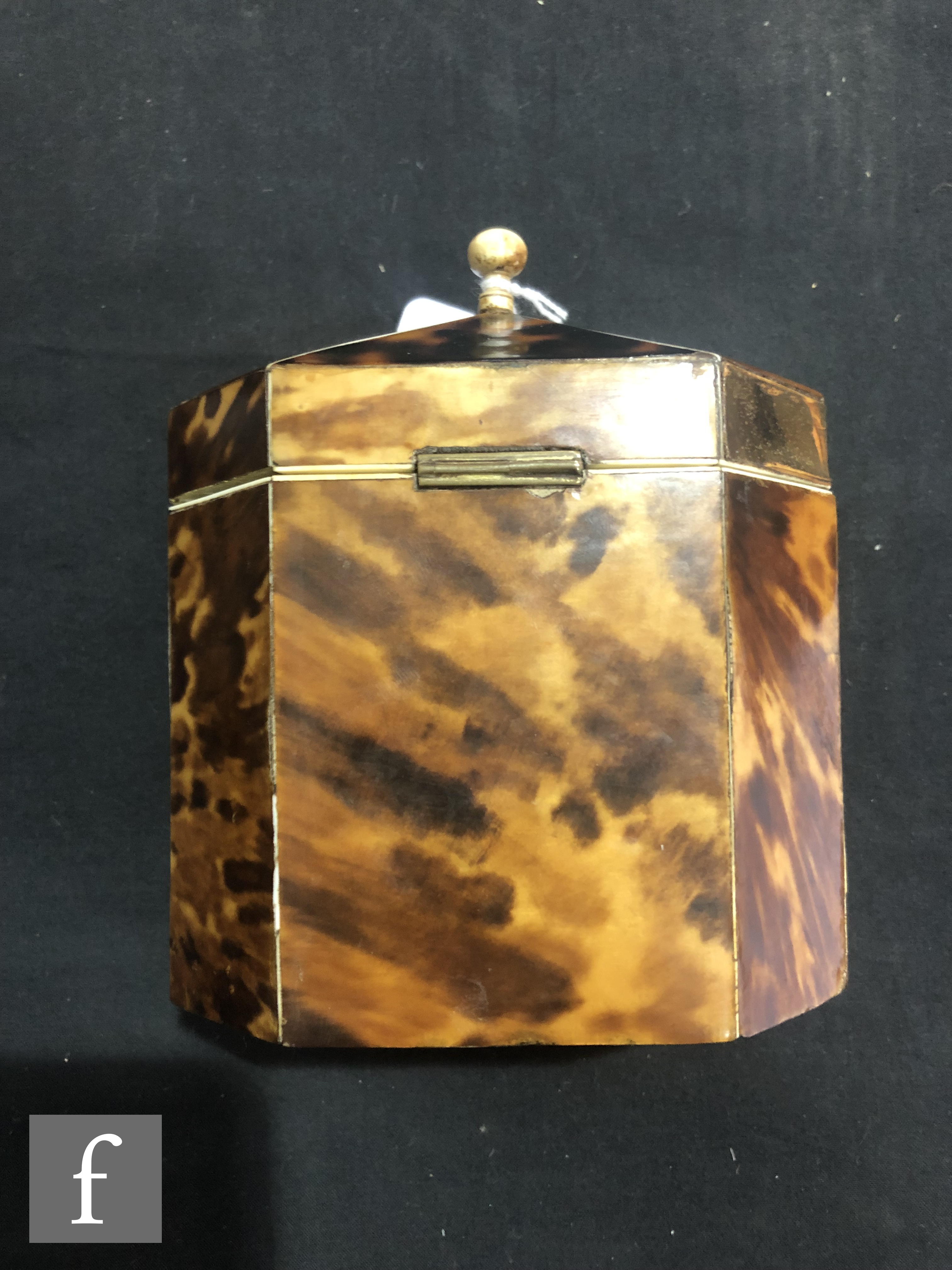 An early 19th Century tortoiseshell and ivory line inlaid tea caddy of octagonal form, the hinged - Image 2 of 9