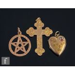 Three items of 9ct hallmarked rose gold, a cross, a heart shaped locket and a fob, total weight 10g,