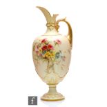 A large Royal Worcester blush ivory shape 1581 pedestal ewer decorated with spring flowers, puce