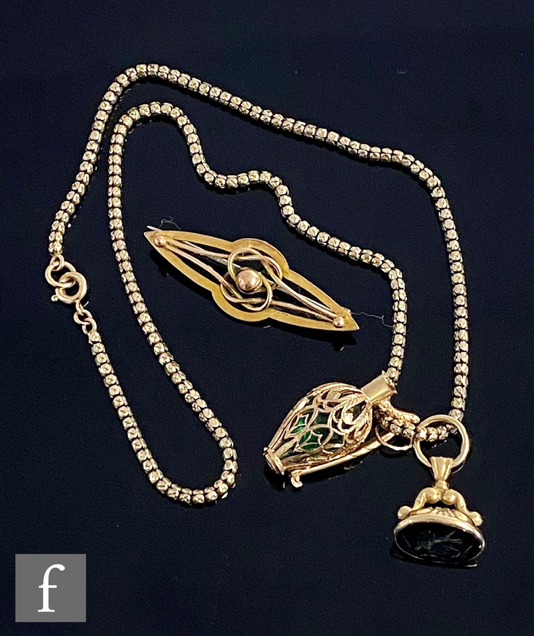 A 9ct chain with a 9ct suspended ewer pendant and a 9ct fob with a 9ct bar brooch, total weight 15.