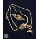 A 9ct chain with a 9ct suspended ewer pendant and a 9ct fob with a 9ct bar brooch, total weight 15.