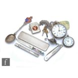 A hallmarked silver comb holder, a silver pencil holder, a vesta case, two pocket watches etc,