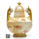 A large late 19th Century Royal Worcester twin handled blush ivory pot pourri and cover, shape 1256,