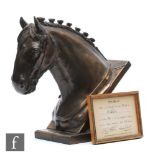 A 20th Century bronzed metal study of a shire horse's head on plinth base, titled Robbie, by Elton