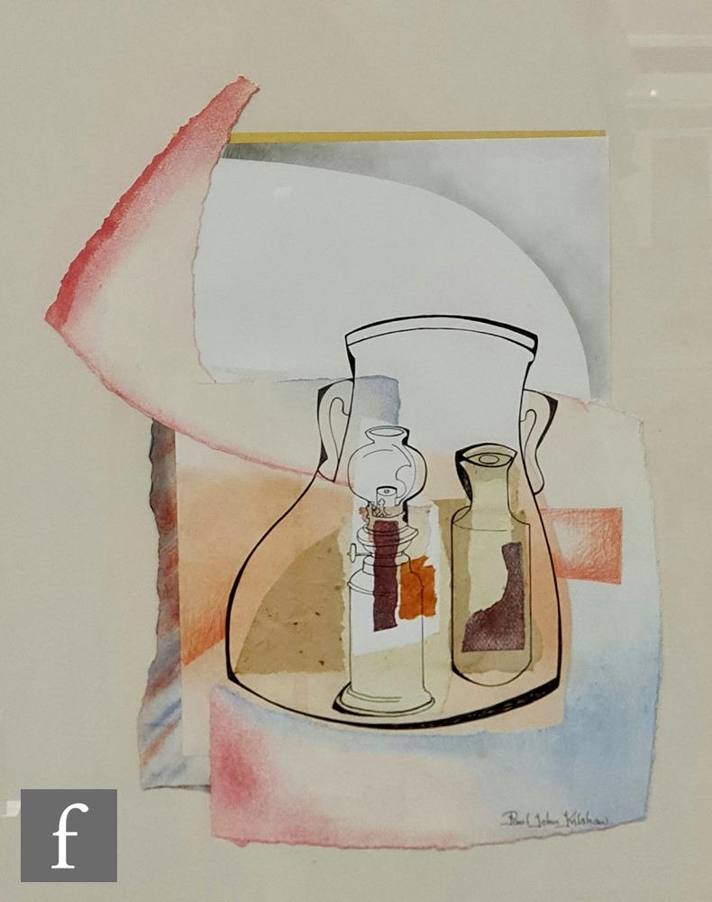 PAUL JOHN KILSHAW (BORN 1947) - 'Jersey Milk Can', collage with inks and wash, signed, signed and