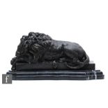 A late 20th Century bronze study of the Lion of Lucerne, on black veined marble plinth, width 35cm.