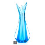 A large post war Czech Sommerso glass vase of tapered tri form with sheared and pulled rim, cased in