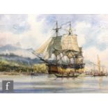 GEOFFREY HUBAND (BORN 1945) - 'HMS Endeavour entering Matavai Bay, Tahiti', watercolour, signed,