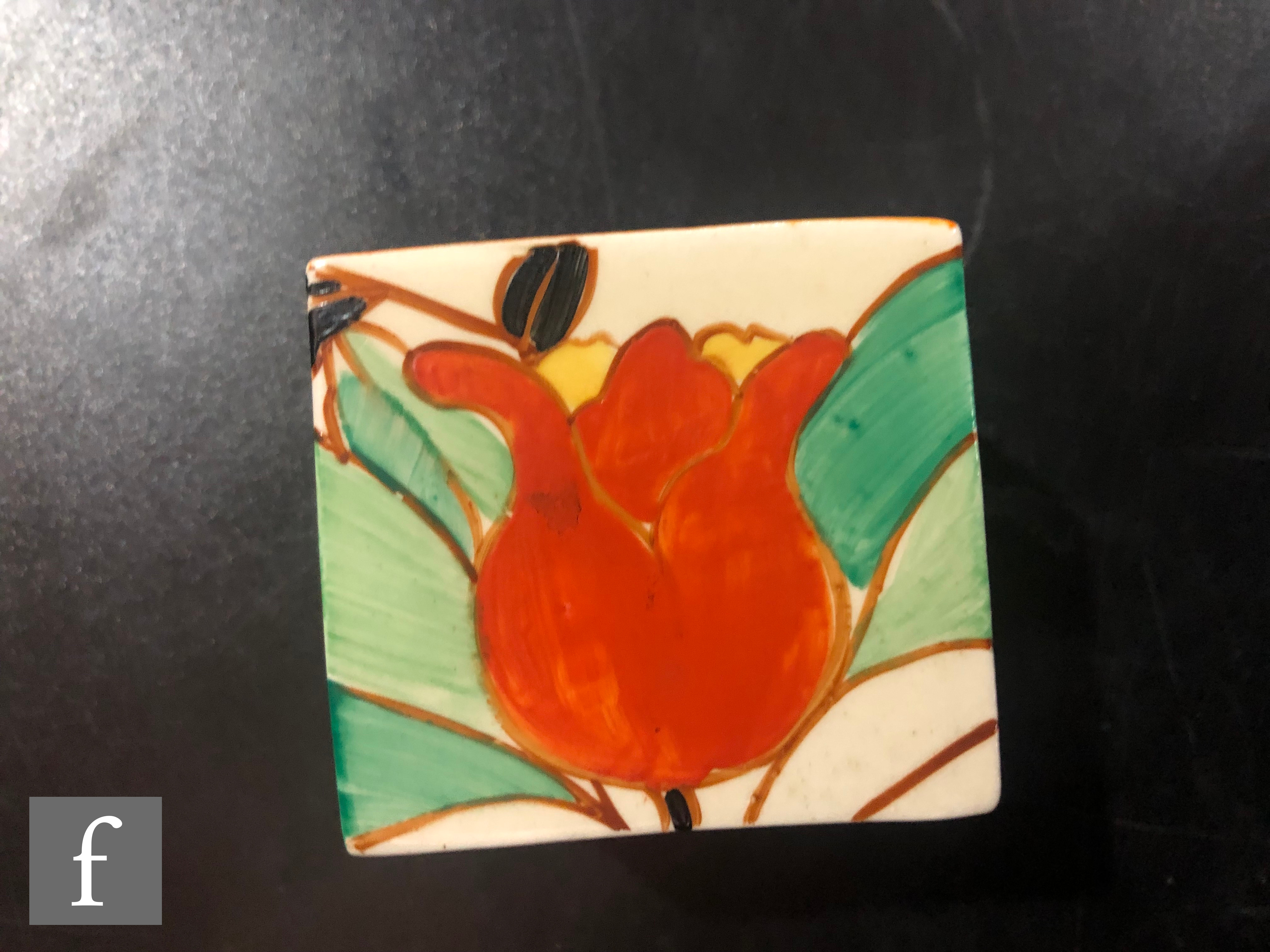 A Clarice Cliff shape 458 square inkwell circa 1930, hand painted in the Red Tulip pattern with - Image 6 of 8