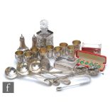 A parcel lot of assorted hallmarked silver and white metal items to include flat ware, open salts, a