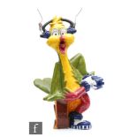 A later 20th Century Italian tin glazed model of a yellow bird with a green jacket and crimson