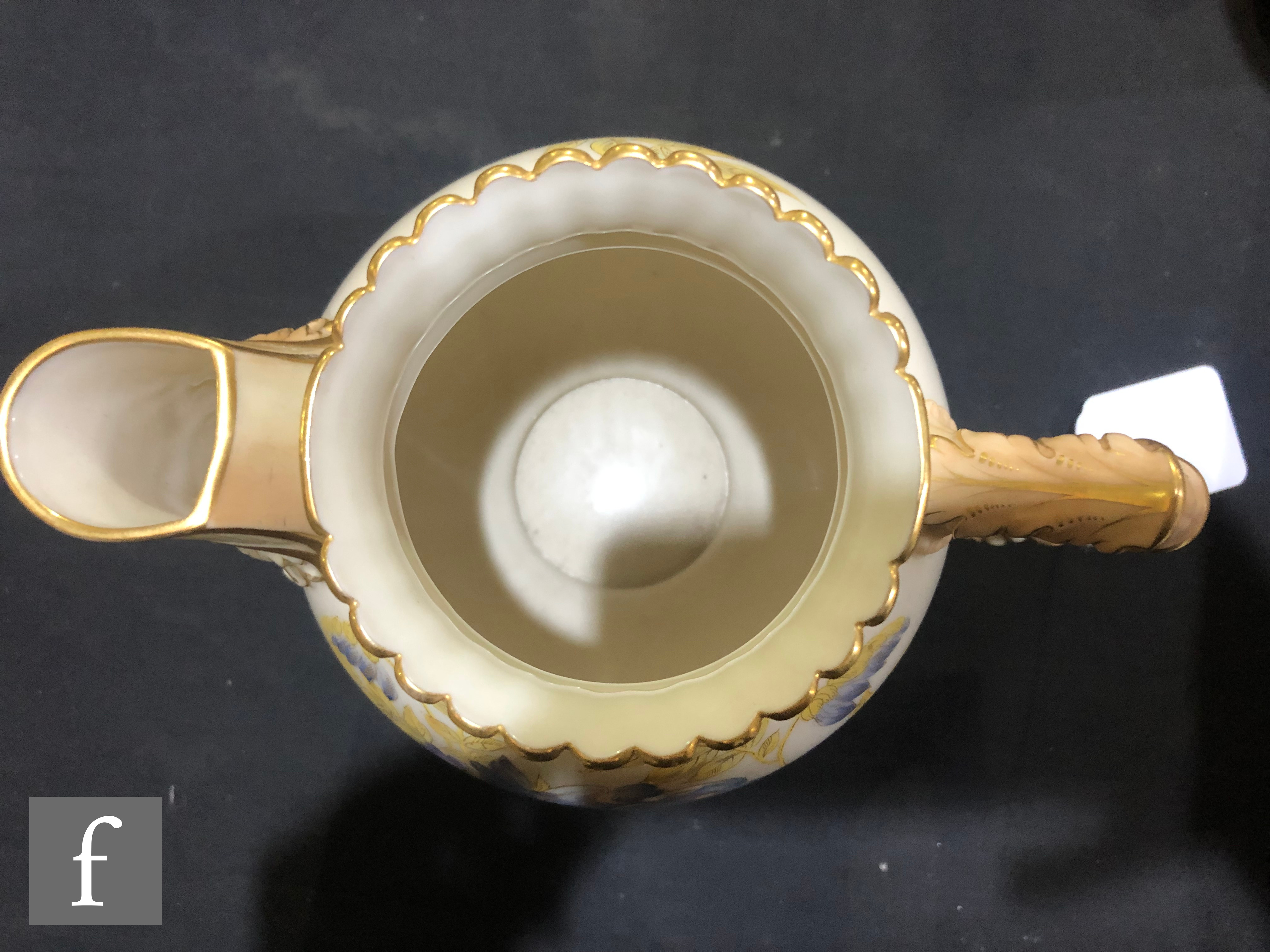 A Royal Worcester shape 1382 blush ivory jug decorated with violets and foliage, the spout and - Image 2 of 6