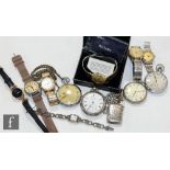 A parcel lot of assorted wrist and pocket watches etc, to include a silver open faced and three