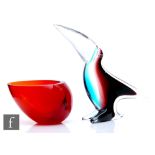 A post war Italian Murano glass toucan in clear crystal with internal blue and deep red, unsigned,