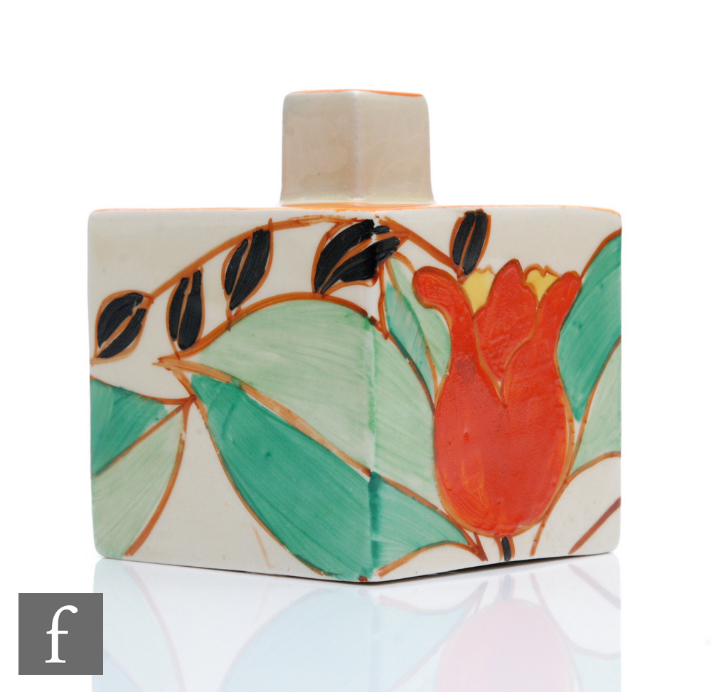 A Clarice Cliff shape 458 square inkwell circa 1930, hand painted in the Red Tulip pattern with