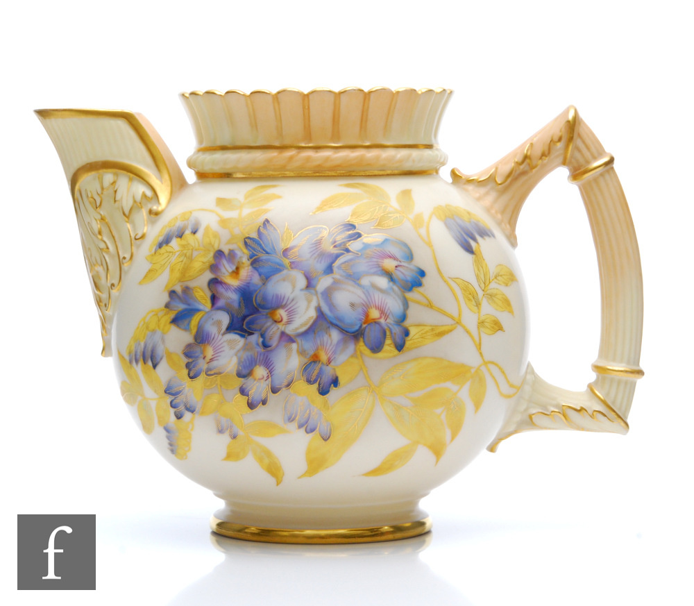 A Royal Worcester shape 1382 blush ivory jug decorated with violets and foliage, the spout and