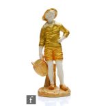 A Royal Worcester blush ivory model of a fisherman holding a basket, shape 1202, heightened in