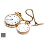 A 14ct open faced crown wind pocket watch, Roman numerals to a white enamelled dial, case diameter