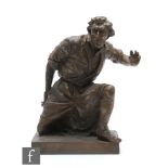 A 20th Century bronzed figure of a kneeling man with left hand raised, on plinth base, height 34cm.