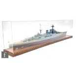 A contemporary scale model of HMS Hood, displayed in an acrylic case, dimensions of the case