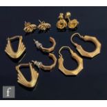 Six pairs of assorted 9ct stud and hoop earrings, total weight 8.2g, various dates and styles. (6)