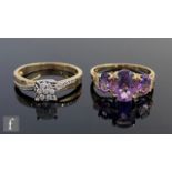 Two 9ct hallmarked stone set rings, an amethyst three stone and a diamond cluster example, total