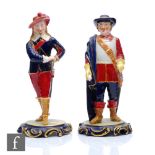 A pair of Royal Worcester figures shape 2062 modelled as a Puritan and a Cavalier, black printed