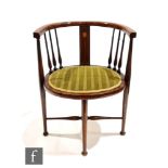 An Edwardian stained beech line inlaid tub shaped salon chair, with boxwood line inlaid stringing